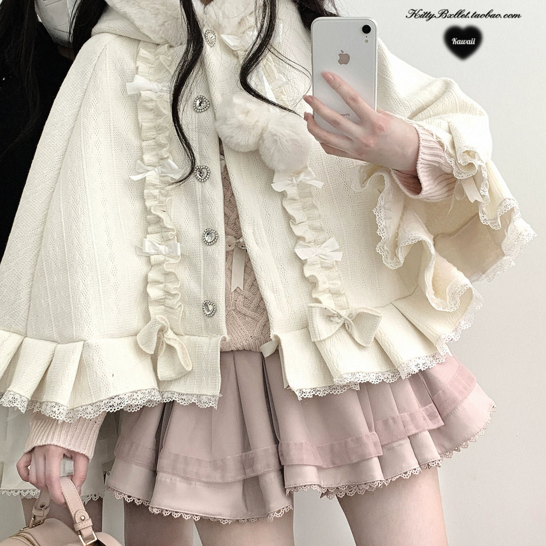 Jirai Kei Winter Coat Fleeced Cape Hooded Coat 40418:667226