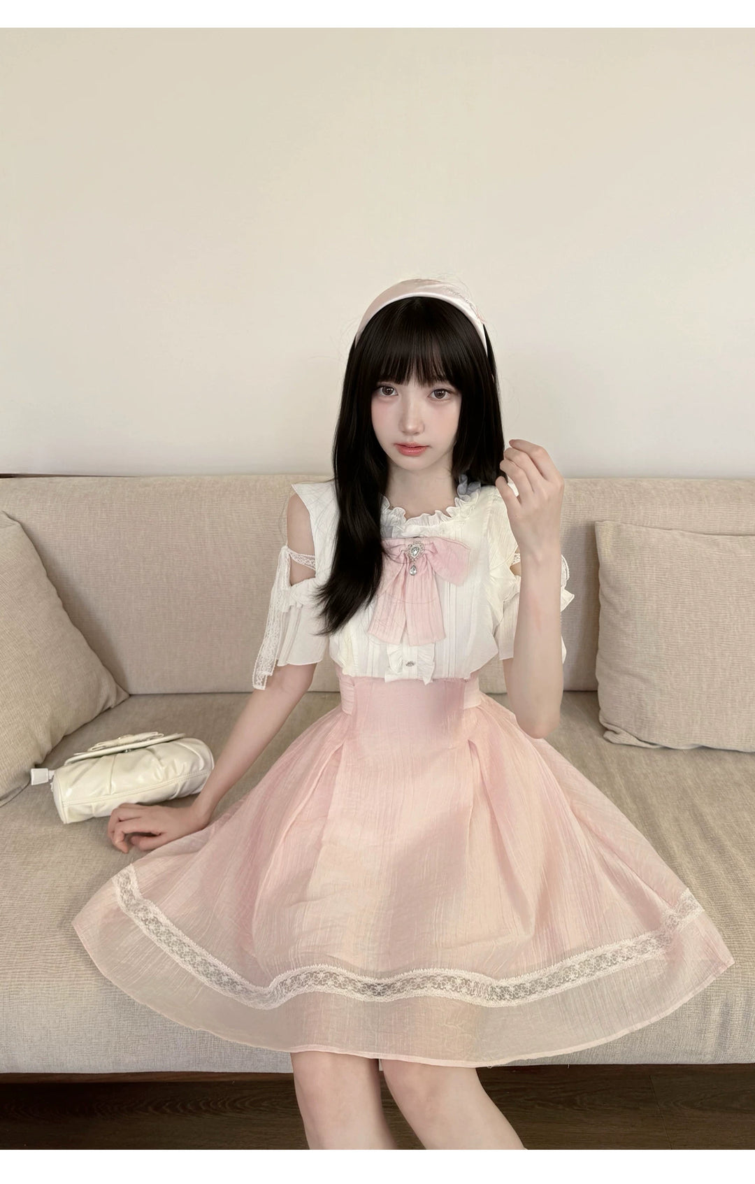 Ryousangata Lace Open Shoulder Dress, Pink & White 45751:863610