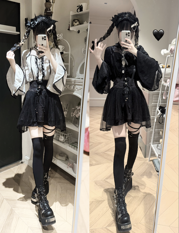 Jirai Kei Lace Blouse and Jacquard Skirt, Hime Sleeves 43943:792455