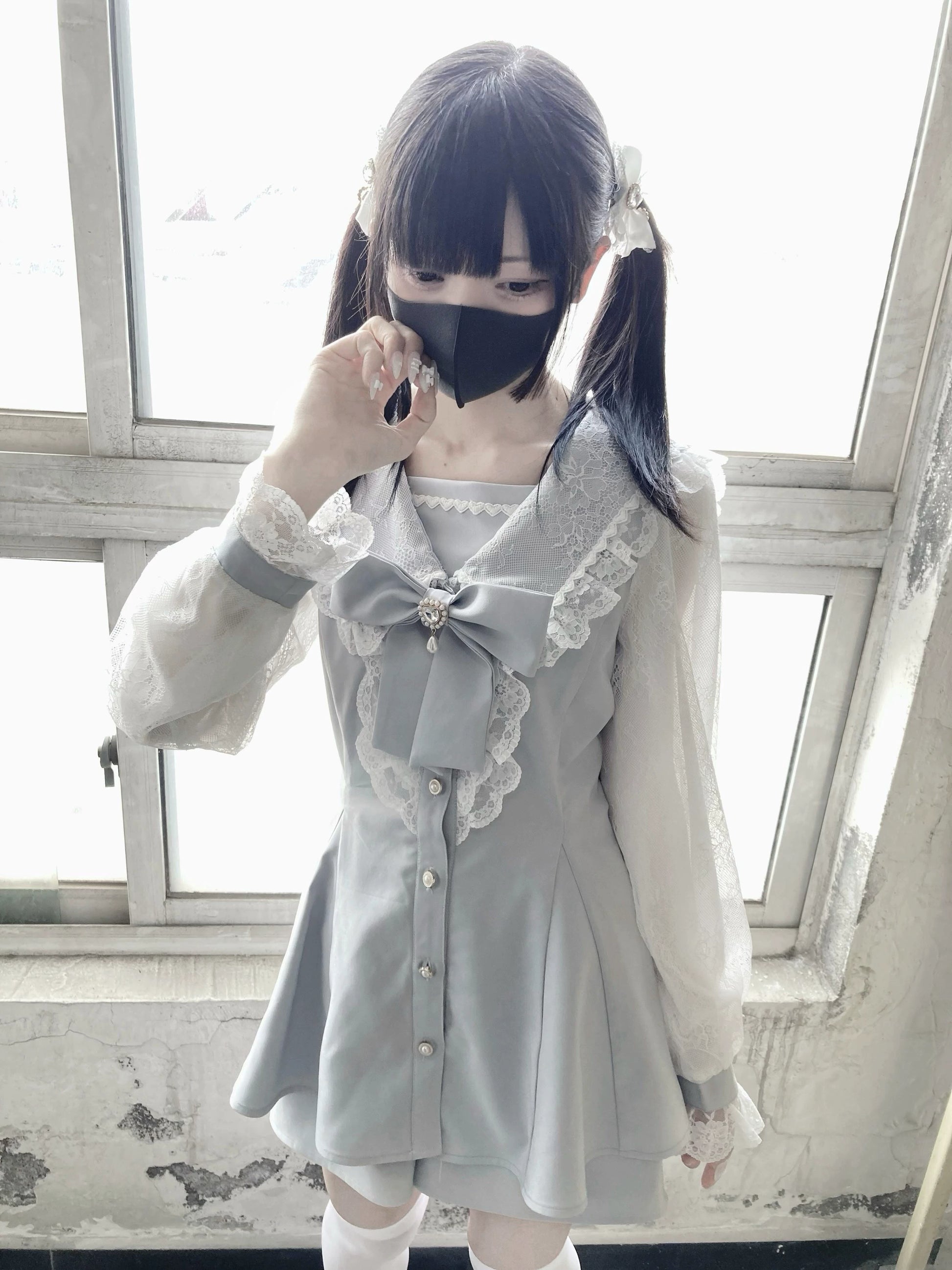 Jirai Kei Set Up Lace Sailor Collar Dress Gray Blue Dress 37638:566982