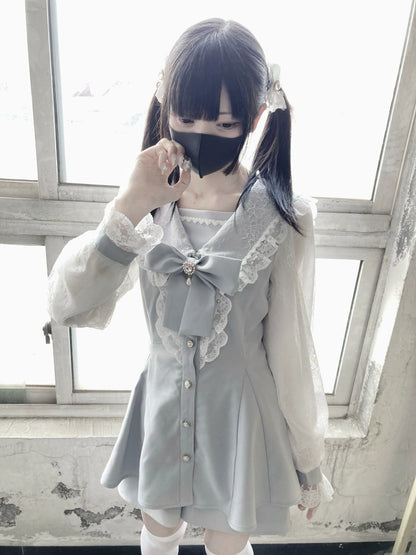 Jirai Kei Set Up Lace Sailor Collar Dress Gray Blue Dress 37638:566982