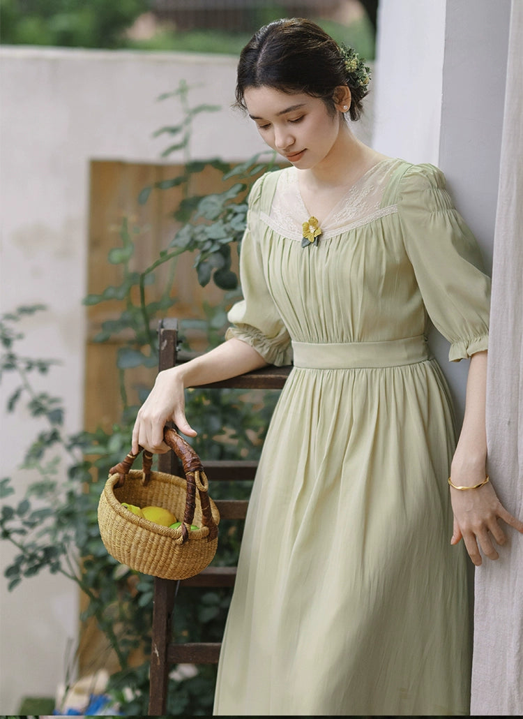 Mori Kei Dress Elegant Dress Matcha Green Lace Trim Dress 36344:547182