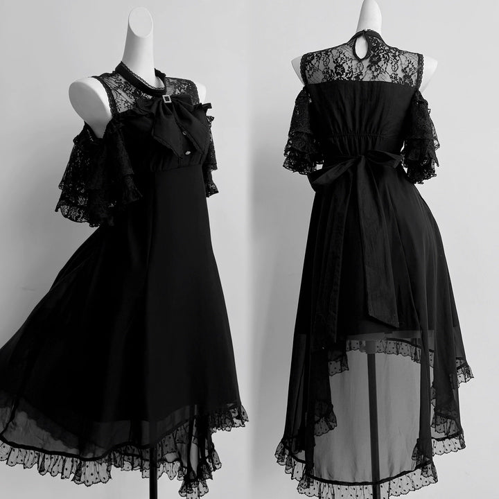 Elegant Long Jirai Kei Dress, Lace Ruffle Open-Shoulder 43651:782320