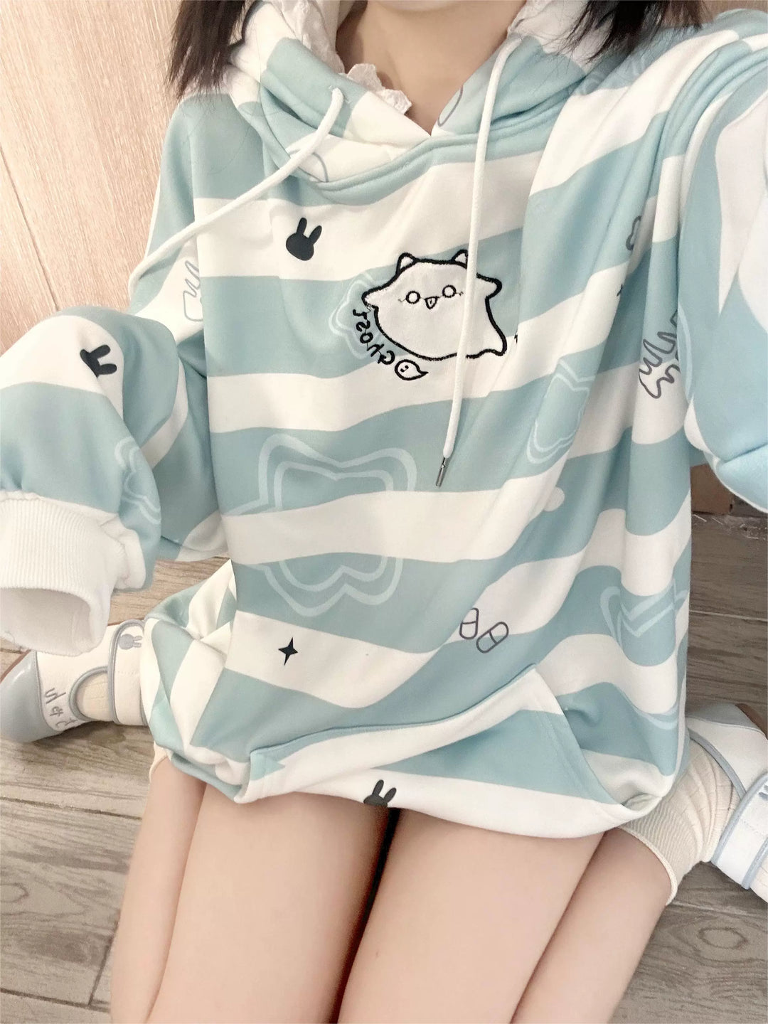 Subculture Hoodie Blue Ghost Baby Bunny Ear Fleece Top 41146:692318