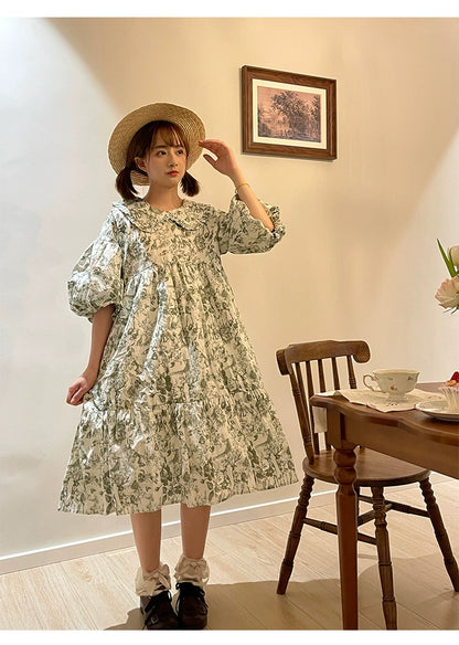 Mori Kei Dress Bubble Sleeve Vintage Green Floral Dress 36552:531214