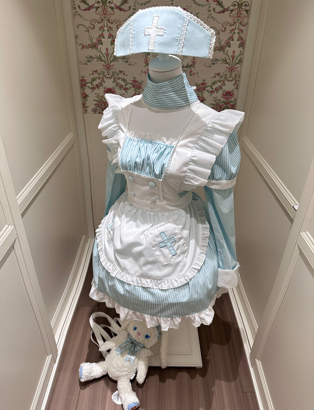 Water Blue Tenshi Kaiwai Dress with Non-detachable Apron Dress + Hat / L Water Blue Tenshi Kaiwai Dress with Non-detachable Apron Dress + Hat / L