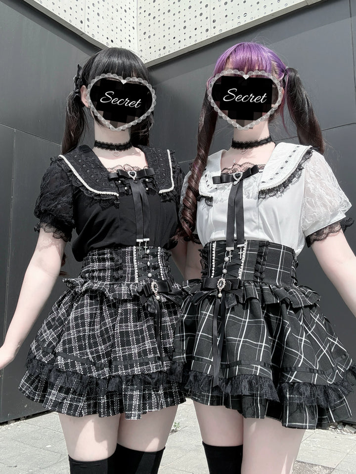 Jirai Kei Sailor Collar Blouse, Lace Puff Sleeves 45648:857932