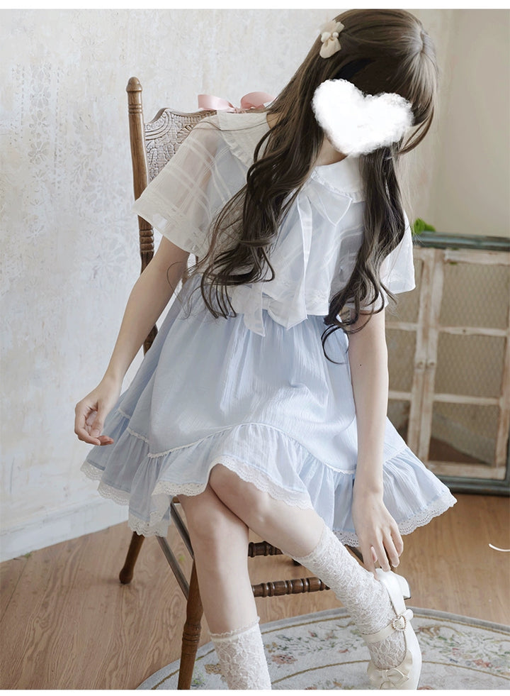 Blue / White Ryousangata One Piece Dress, Cape Style 43547:779036