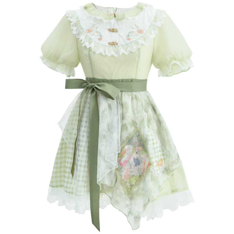 Cottagecore Dress Green Patchwork Lace Lolita Dress (L M S) 35906:568320