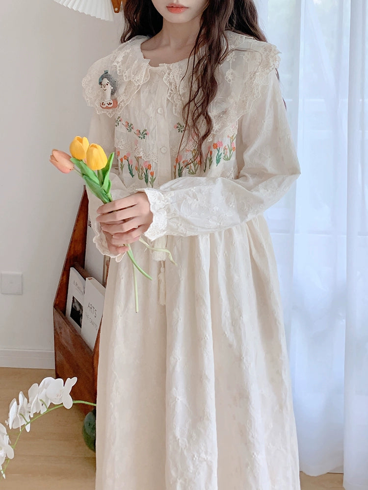 Mori Kei Peter Pan Collar Beige Lace Embroidery Long Sleeve Dress 22568:329354 22568:329354