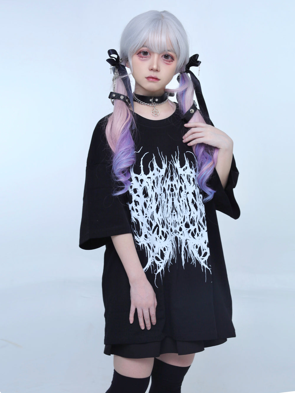 Gothic Jirai Kei Black T-shirt Cross Embroidery Fake Collar 42329:736472