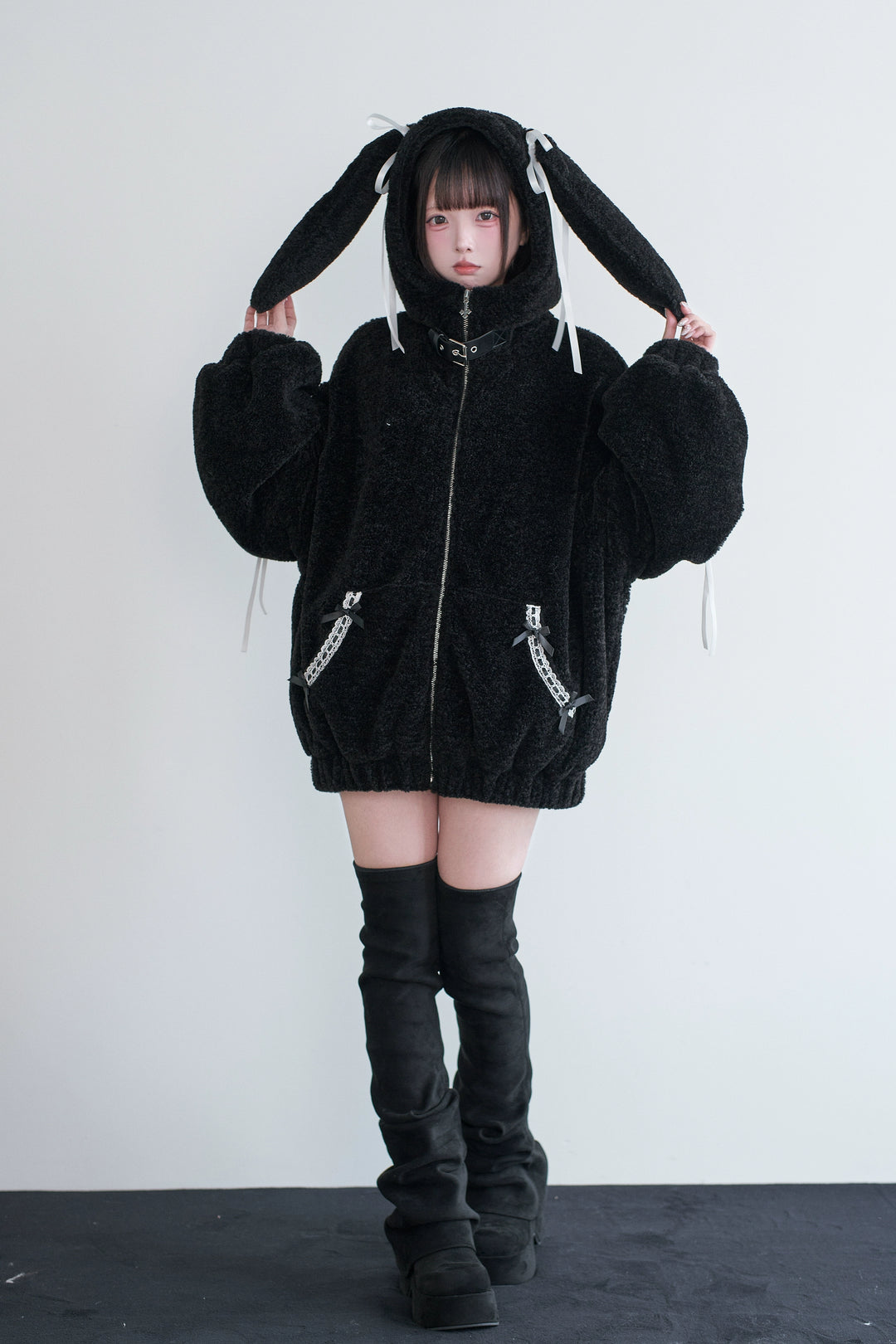 Daily Style Black Winter Coat, Bunny Ear Hood 44326:805281