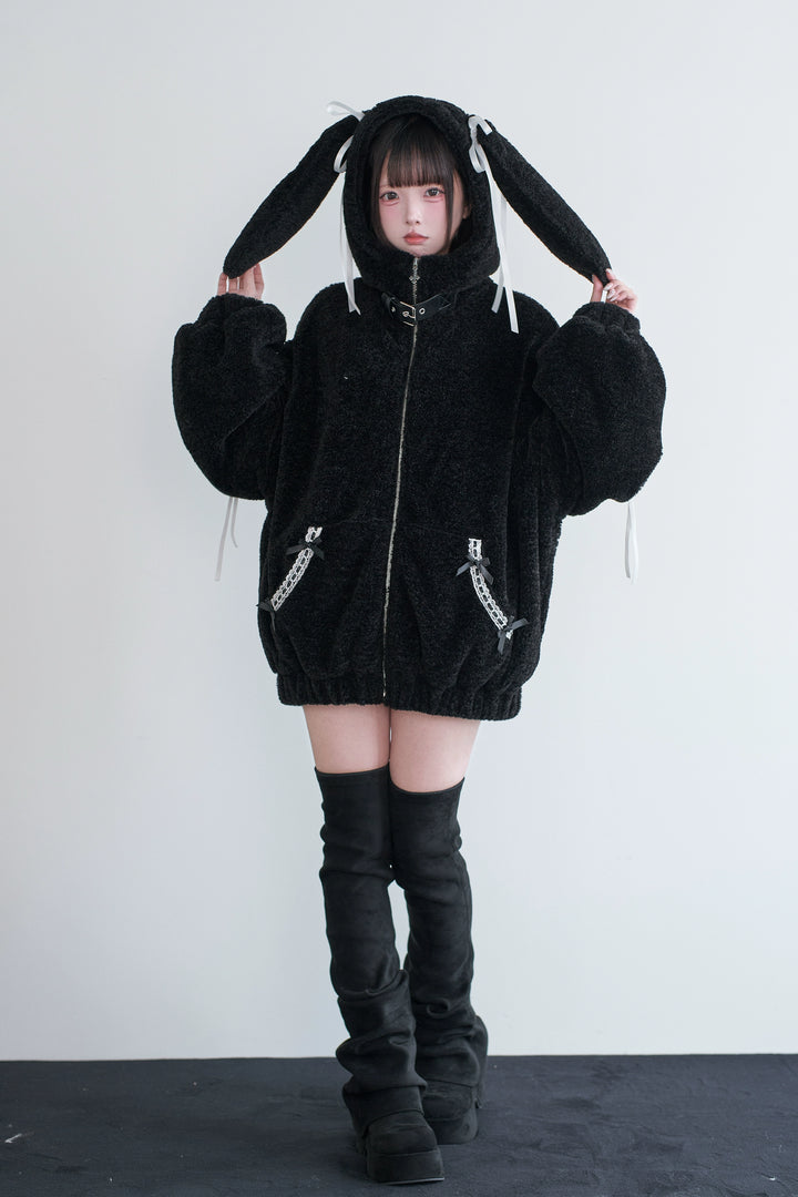 Daily Style Black Winter Coat, Bunny Ear Hood 44326:805281