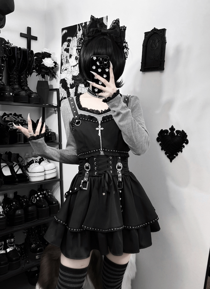 Jirai Kei Skirt Outfit, Top With Detachable Camisole 44809:822668