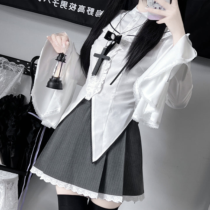 Gothic Outfit White Flared Cuffed Shirt And Striped Skirt with Lace Trim 42238:733416