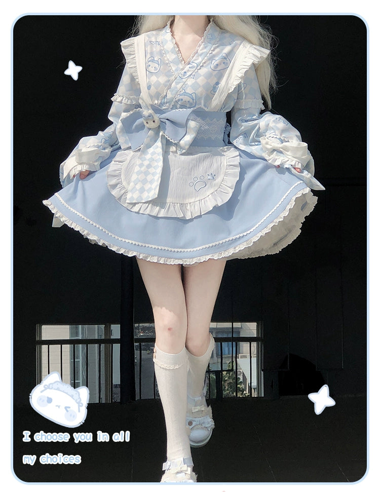 Kimono Lolita Plaid Princess Sleeve Shirt Kawaii Skirt Set 38964:606848