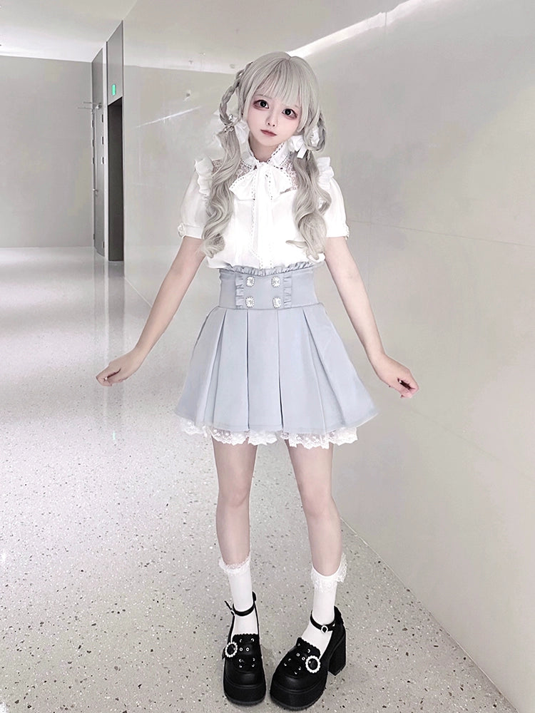 White Jirai Kei Blouse with Ribbon & Blue Pleated Skirt With Elastic Band 42979:760053