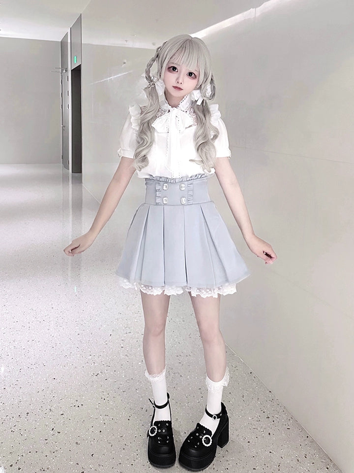 White Jirai Kei Blouse with Ribbon & Blue Pleated Skirt With Elastic Band 42979:760053