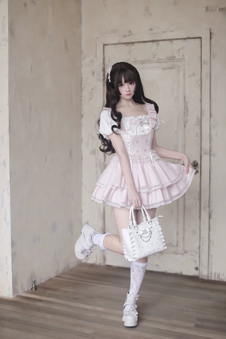 Jirai Kei Puff Sleeve Dress, Layered Tulle Hem 45340:847364