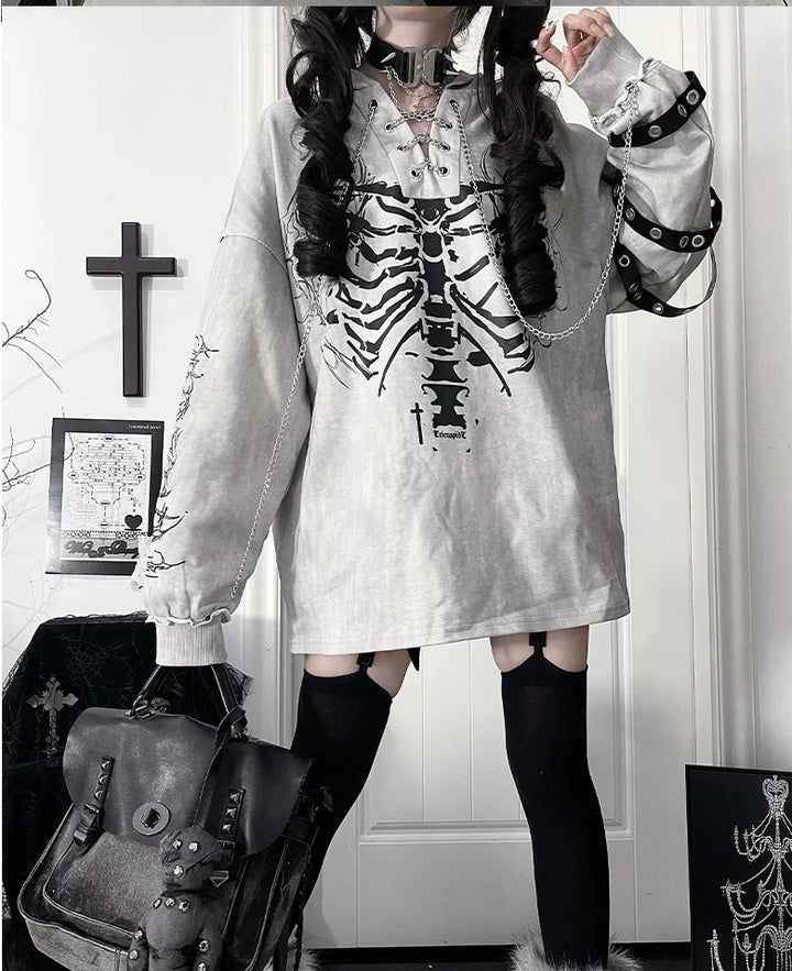 Ribcage Printed Subculture Hoodie, Ear-Accent Hood (L M S) 44564:815246