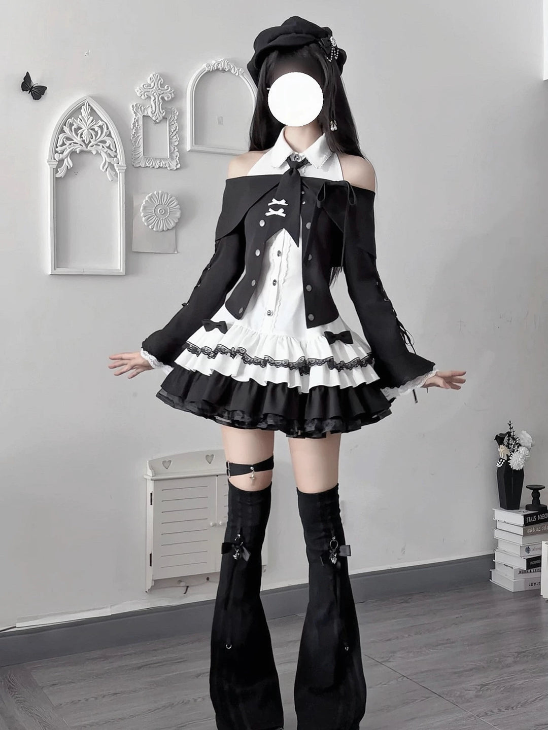 Jirai Kei Black White Dress and Jacket Set, Off-Shoulder 45988:871022