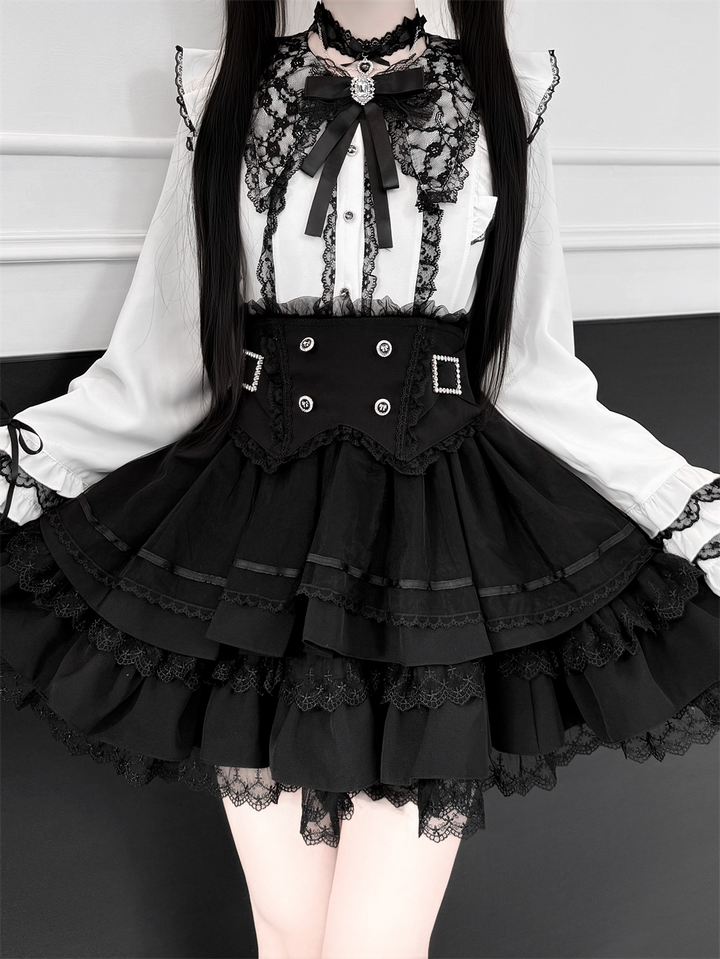 High-Waisted Jirai Kei Skirt, Lace Hem (2XL L M S XL) 44810:822717