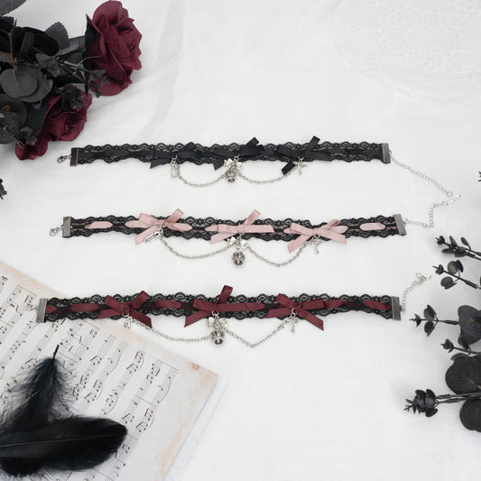 Jirai Kei Black Pink Choker Lace Beaded Chain 21552:308808