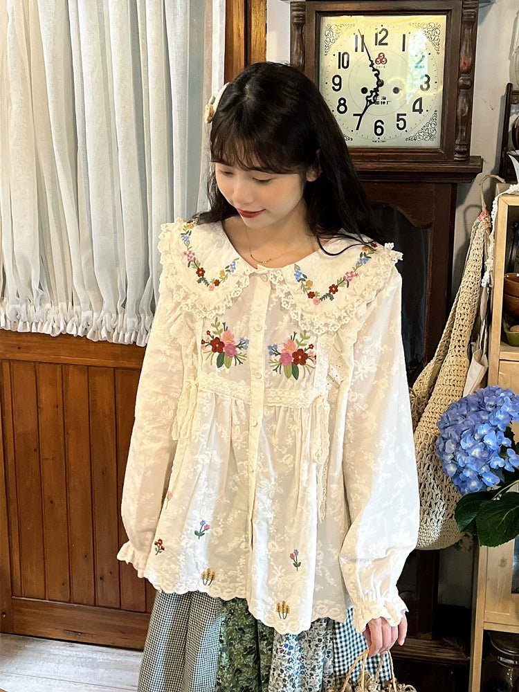 Mori Kei Blouse Flower Embroidery Shirt Anti-aging Top 36218:524568