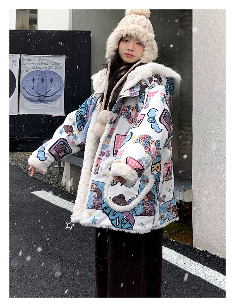 Kawaii Winter Coat Thickened Print Reversible Hooded Coat 39796:640892