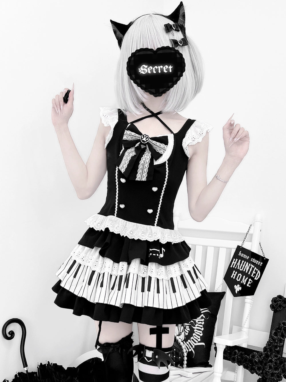Halter Neck Kawaii Skirt Set, Cat and Piano Print 43577:780184