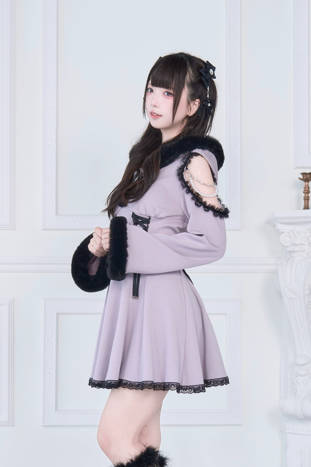 Open-Shoulder Jirai Kei Dress, Oversized Hood 43940:789807
