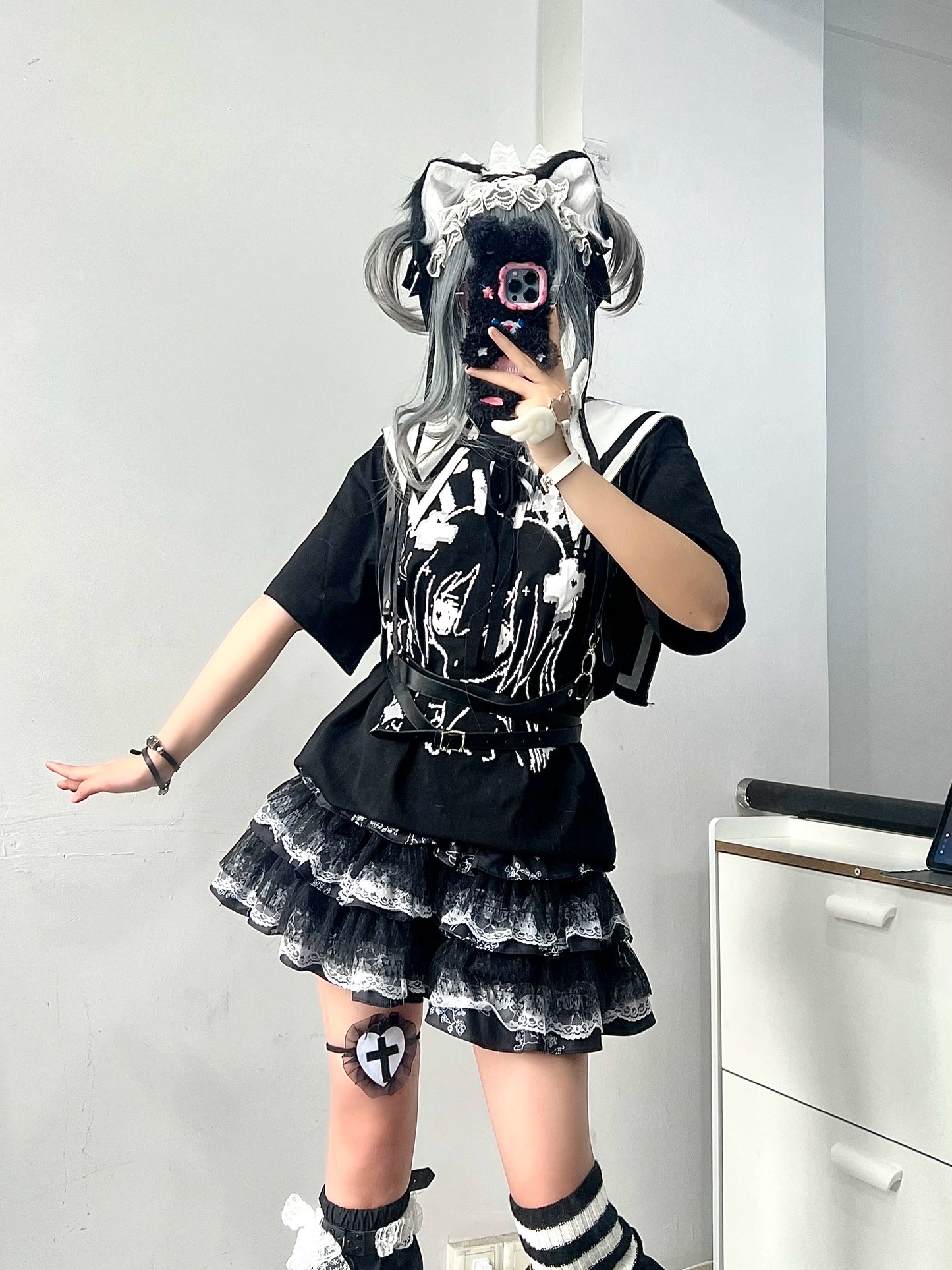 Jirai Kei Skirt Gothic Punk Skirt Black Lace Puff Skirt 36582:558568