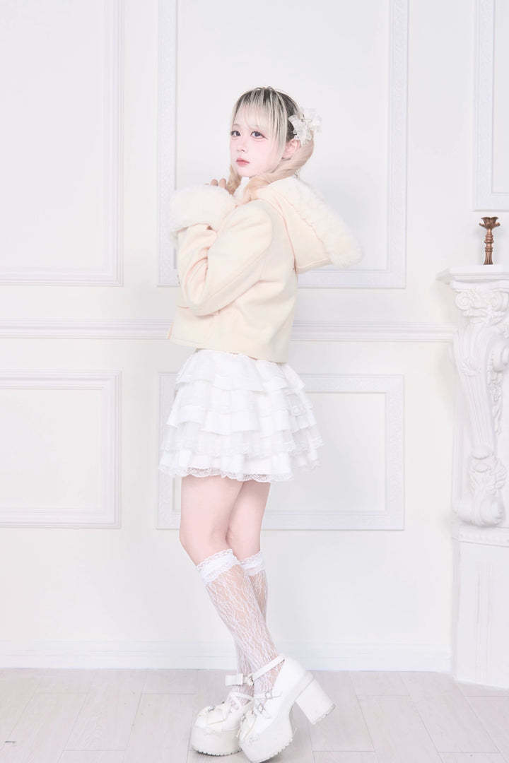 Hooded Rousangata Short Coat, Detachable Plush Cuffs 44116:796406