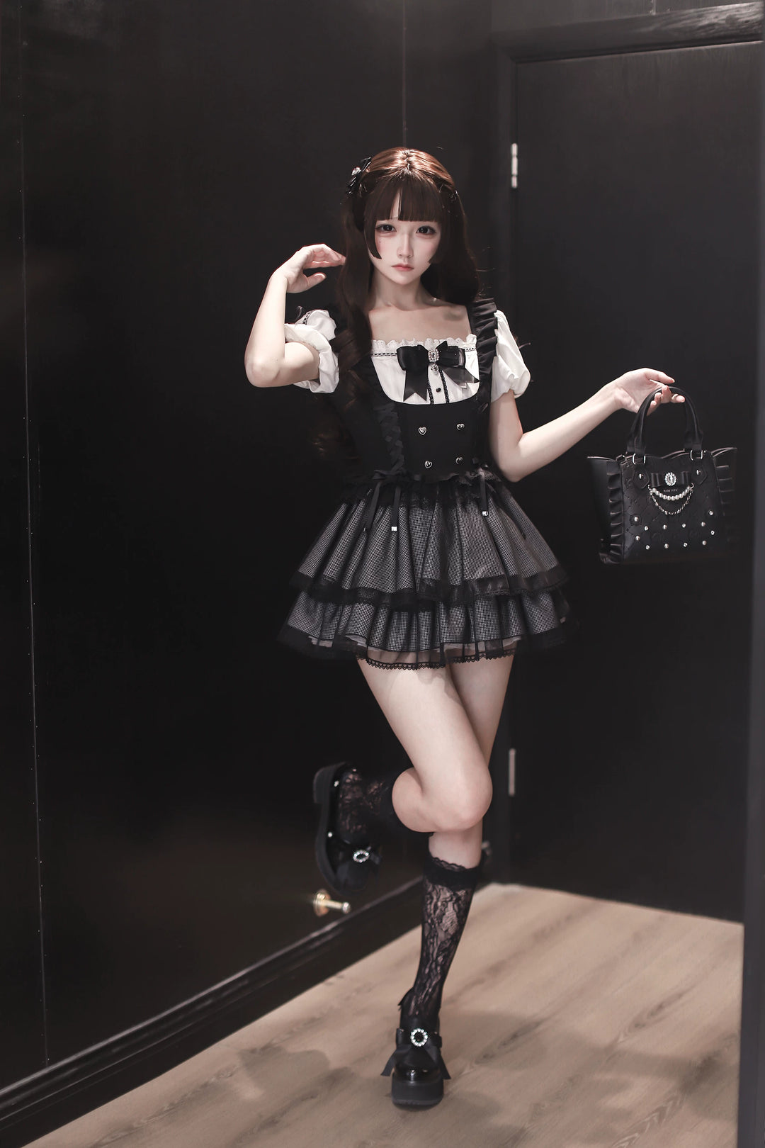 Jirai Kei Puff Sleeve Dress, Layered Tulle Hem 45340:847375