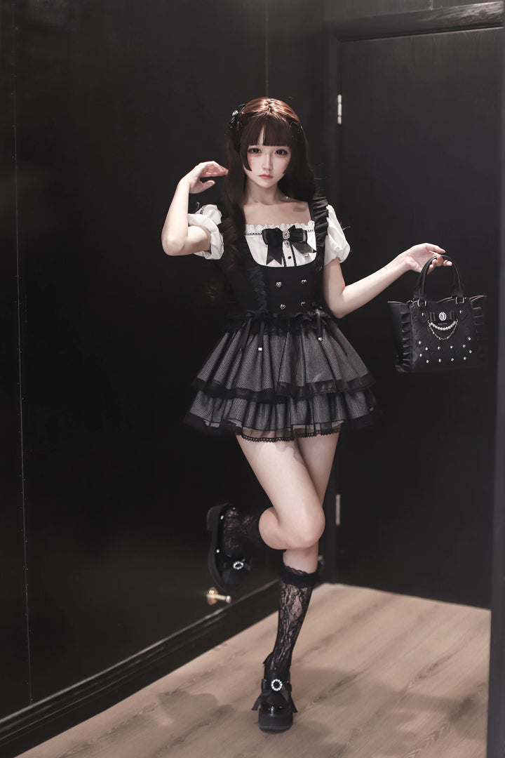 Jirai Kei Puff Sleeve Dress, Layered Tulle Hem 45340:847375