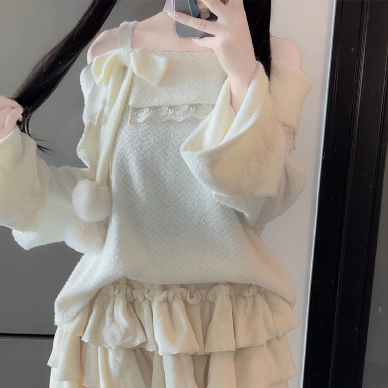 Jirai Kei Sweater White Off-Shoulder Sweater Tiered Skirt (L M S XL) 40074:649810