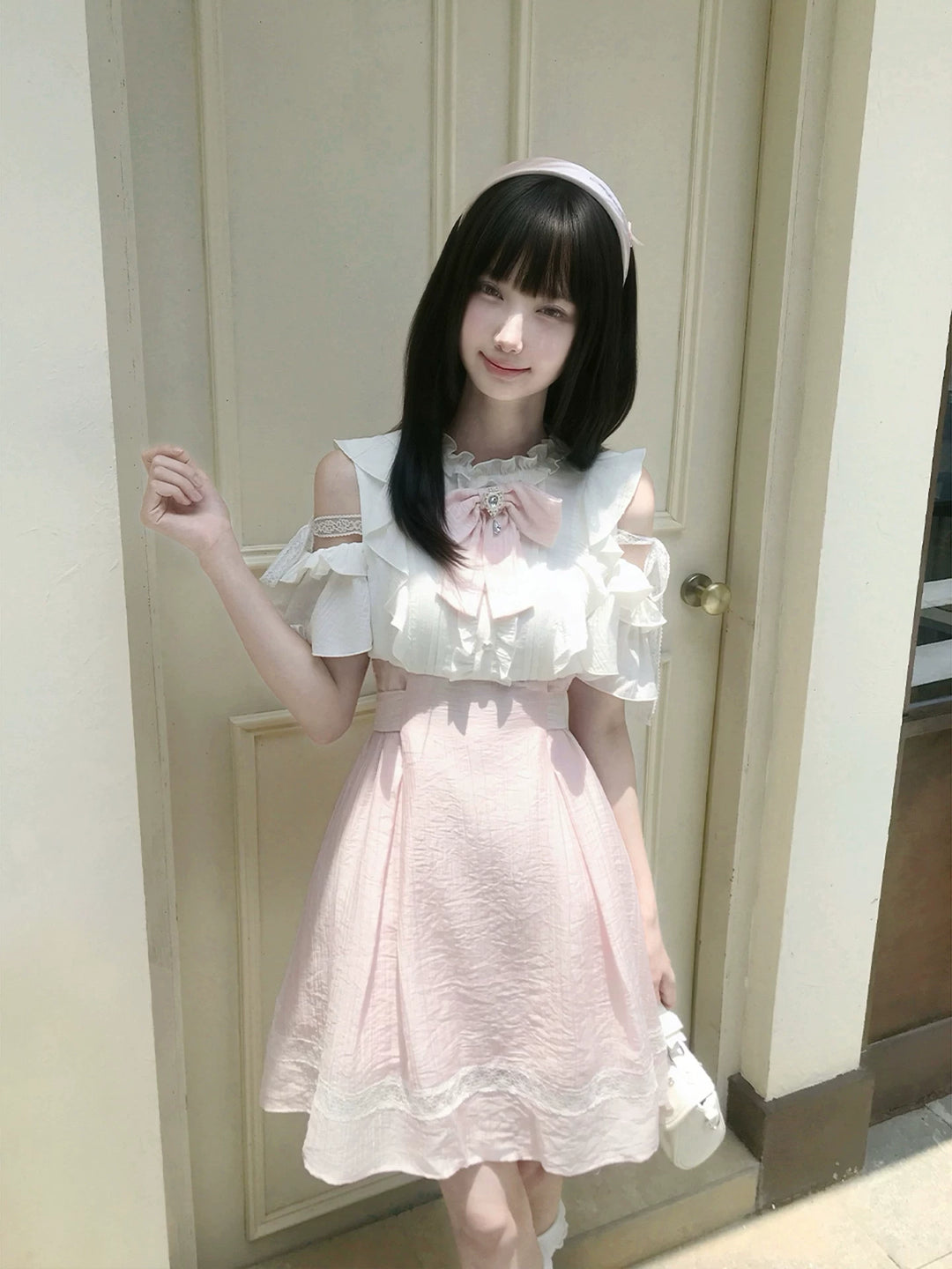 Ryousangata Lace Open Shoulder Dress, Pink & White 45751:863614