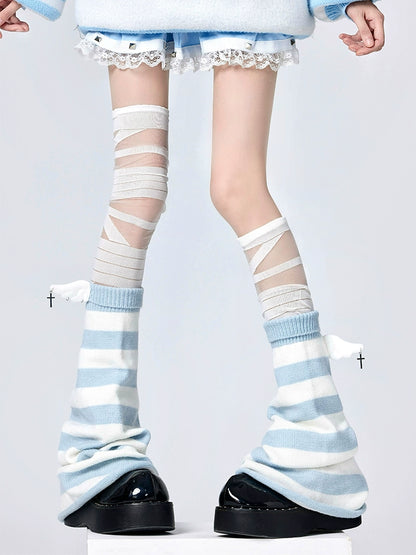 Punk Leg Warmers White Blue Stripes Leg Covers Tie-up Socks 36512:530046