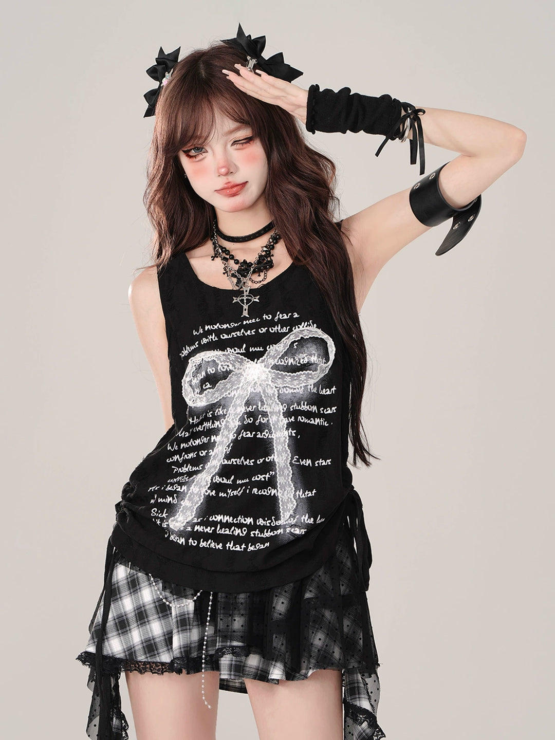 Gyaru Skirt Black Plaid Irregular Polka Dot Mesh Skirt 41996:722058