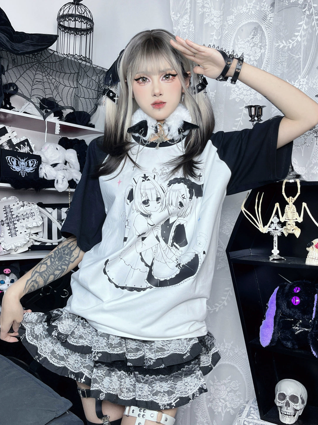 Yami Kawaii T-shirt Black White Subculture Cotton T-shirt 35690:502440 35690:502440