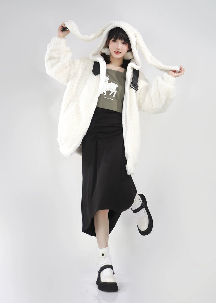 Kawaii Winter Coat Bunny Ears Fur Coat Skirt Set 40242:664242