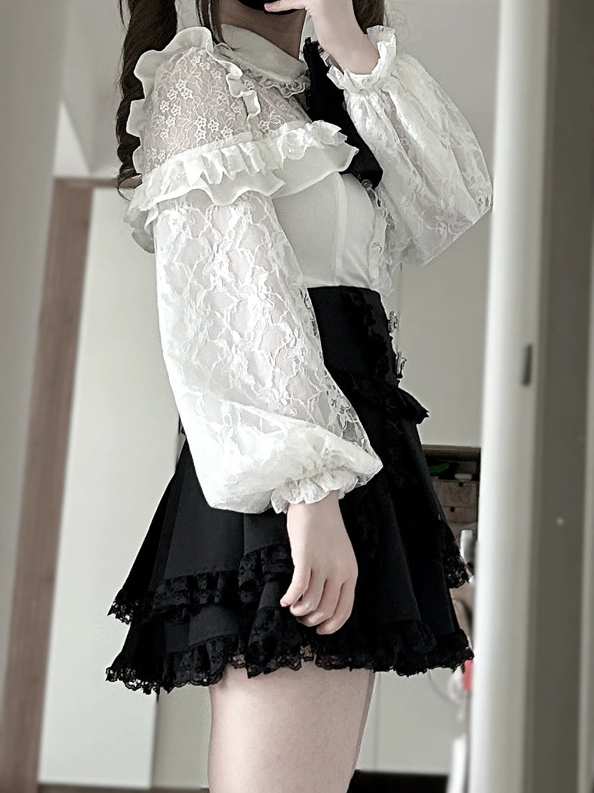 Lace Jirai Kei Blouse, Sexy Sheer Top (White / L M S XL) 43511:778924
