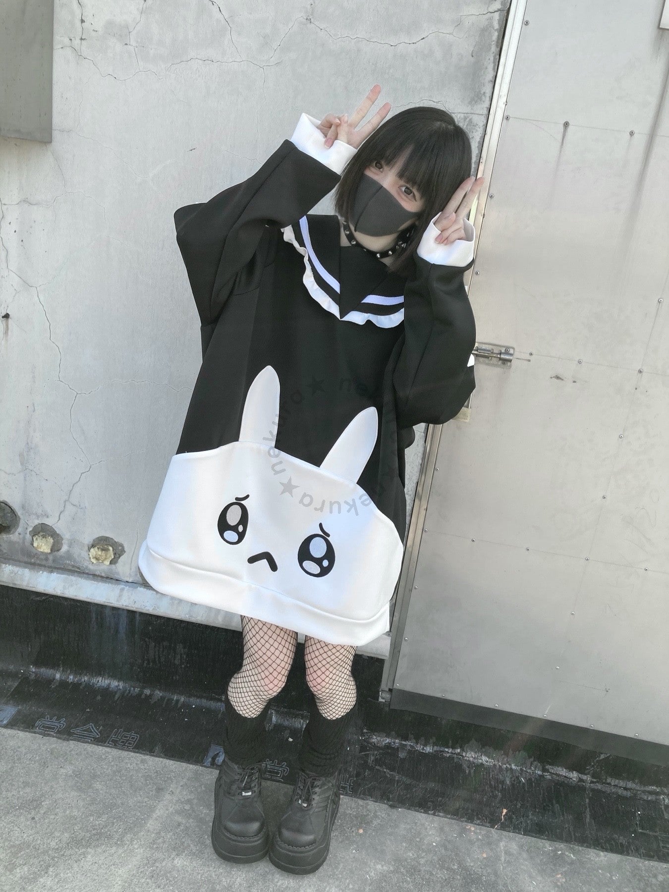 Jirai Kei Black White Hoodie With Bunny Design 29460:346910
