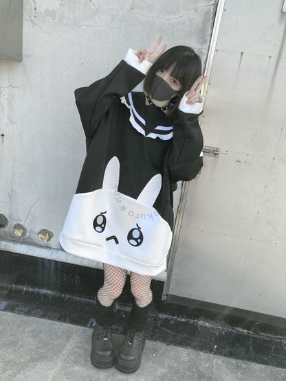 Jirai Kei Black White Hoodie With Bunny Design 29460:346910