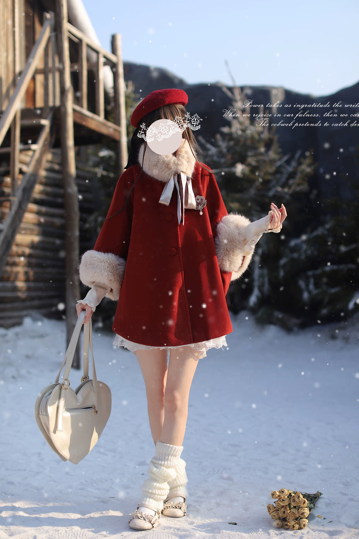 Christmas Woolen Blend Red Cloak, Beige Blouse 44037:793469