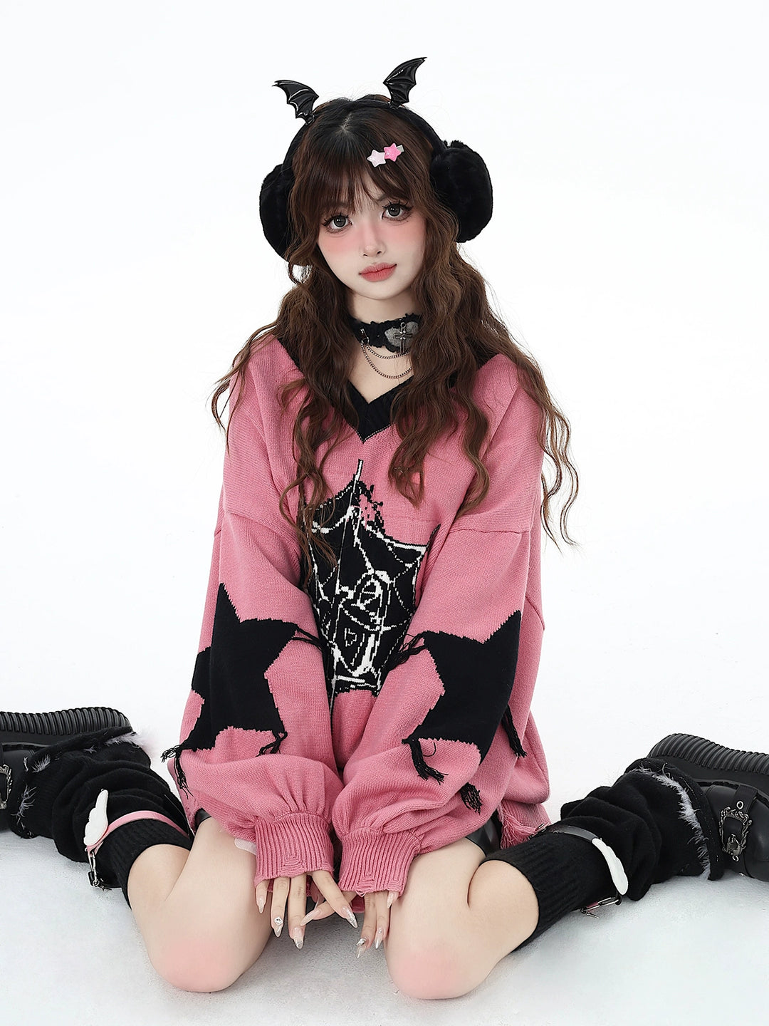 Black Pink Sweater Star Knit V-neck Pullover Sweater 32462:423394