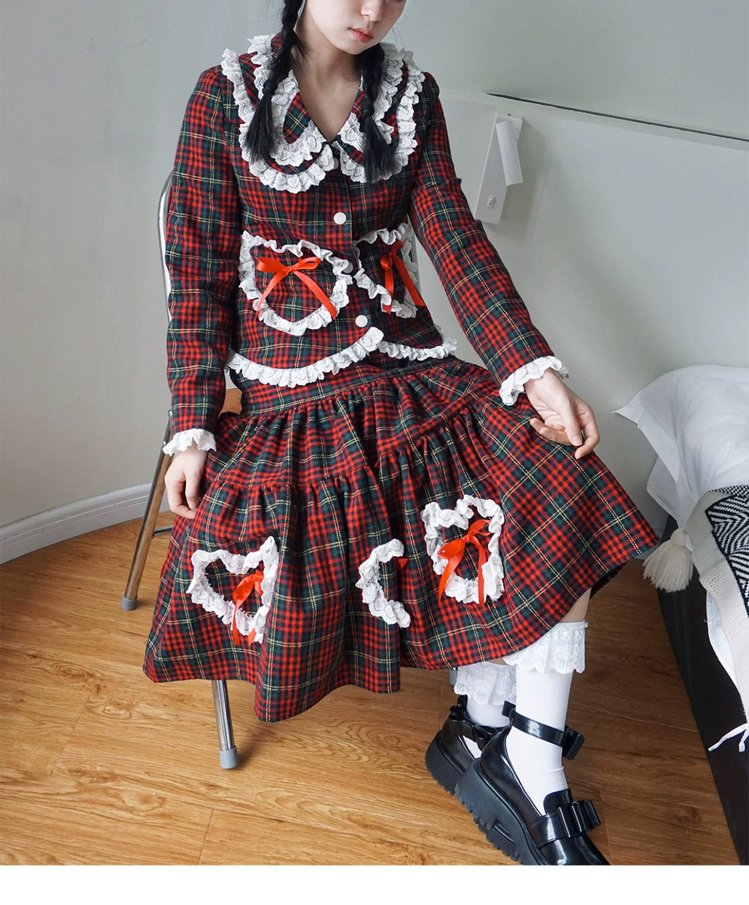 Retro Lolita Skirt Showa Christmas Winter Red Plaid Skirt 40316:662952