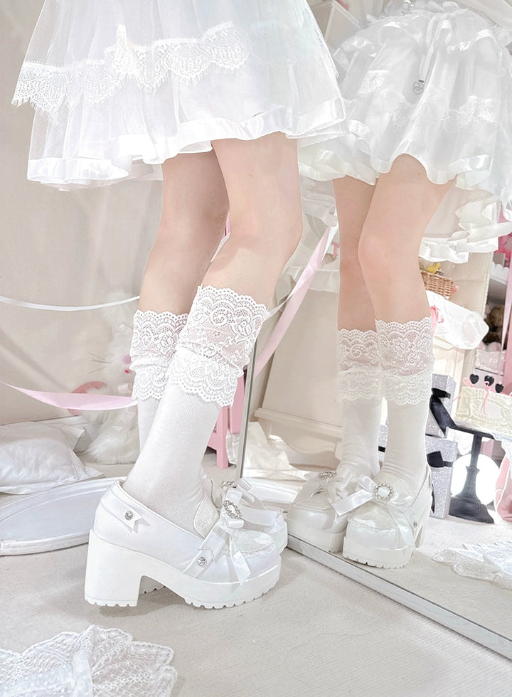 Jirai Kei Shoes Ryousangata Platform Shoes With Ribbon Rhinestone 41558:703794