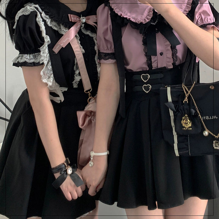 Jirai Kei Shirt Sweet Lace Blouse Short Sleeve Peter Pan Collar 35260:536076 35260:536076