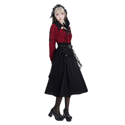 Jirai Kei Black Skirt Double Layer Long A-line Skirt 31468:366440